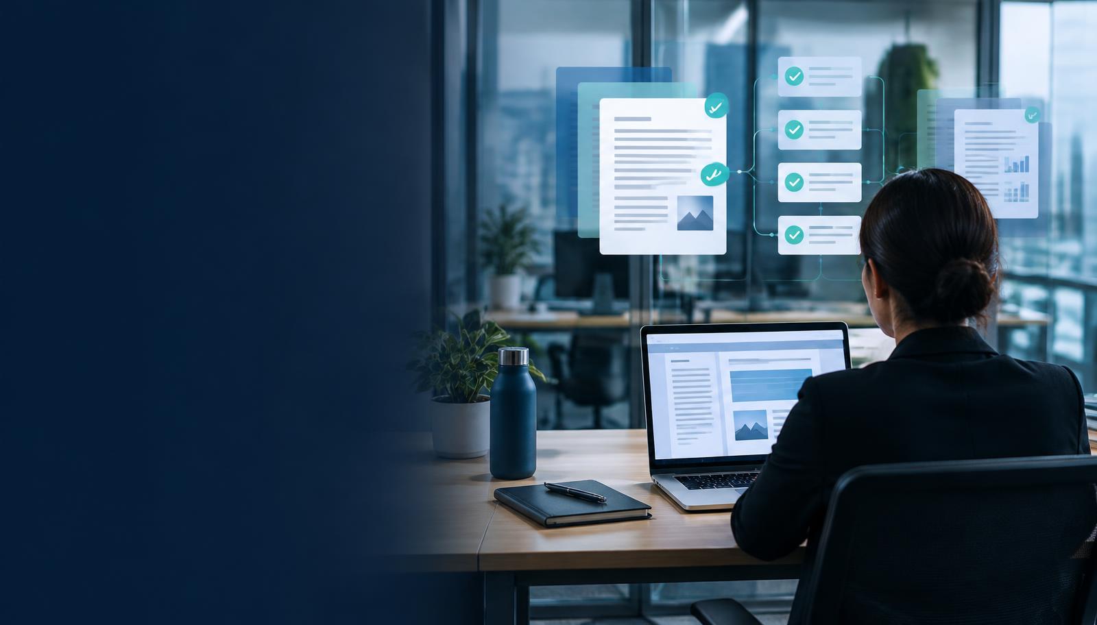 Illustrative employee workflow connecting approved enterprise documents, AI assistance and review steps