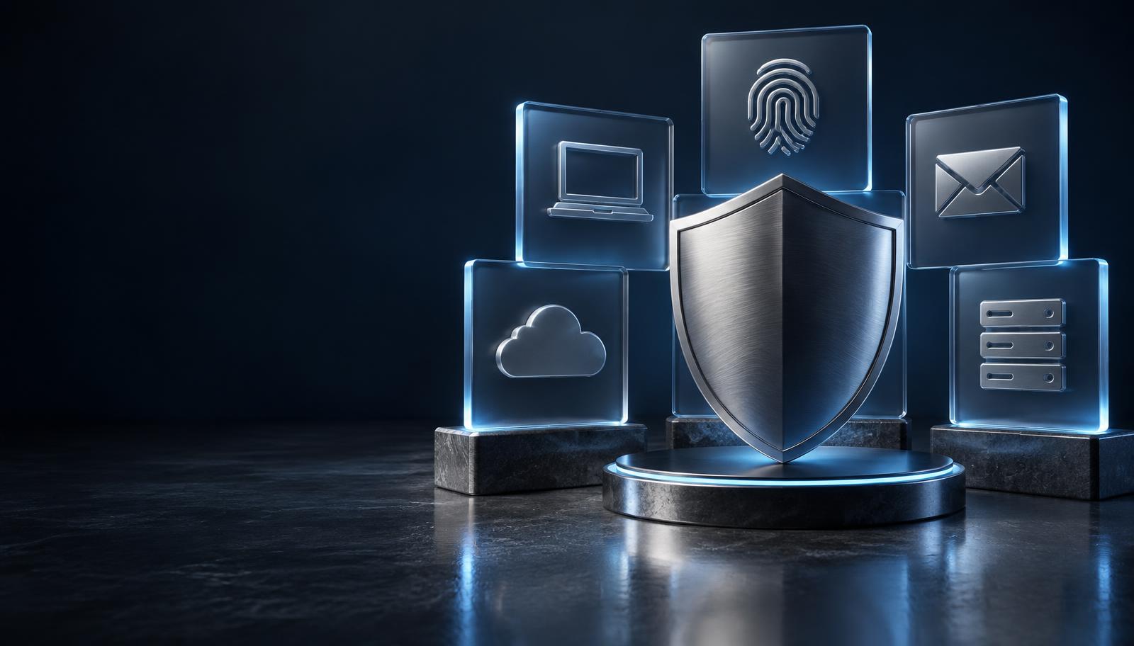 Conceptual security architecture connecting endpoint, identity, email, cloud, and workload protection around a central shield