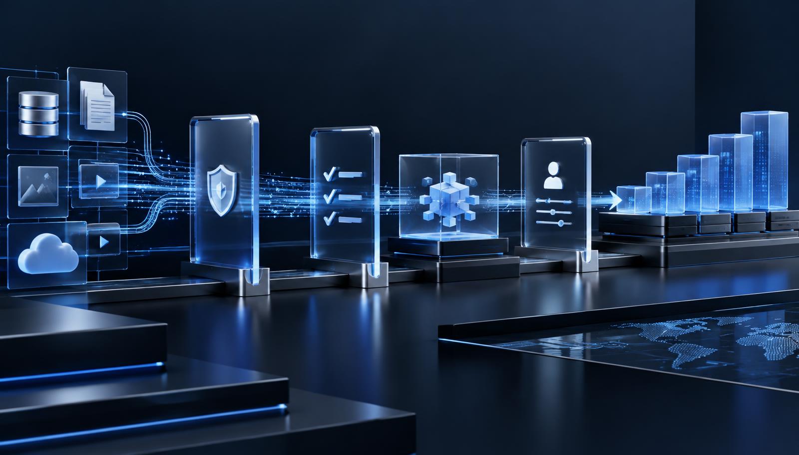 A governed AI deployment pipeline moving from data through security and human oversight to measured growth