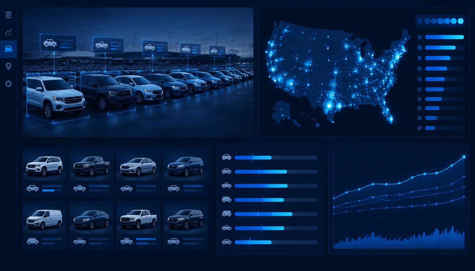 Conceptual AI dashboard analyzing auction vehicles and zip-code demand across a U.S. map