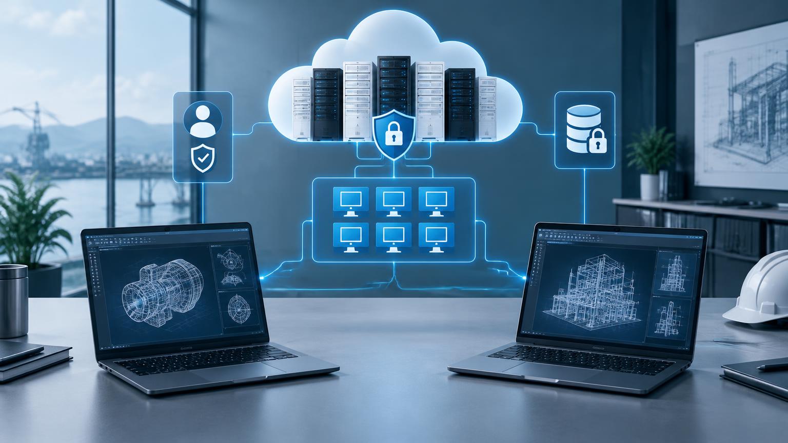 Conceptual illustration of engineering laptops connected to protected cloud infrastructure, identity controls, and virtual desktops