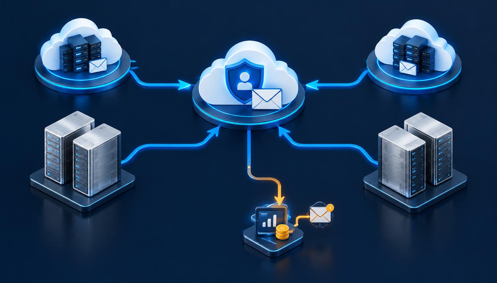 Conceptual illustration of separate cloud and on-premises messaging environments converging into unified identity and email with a financial notification workflow
