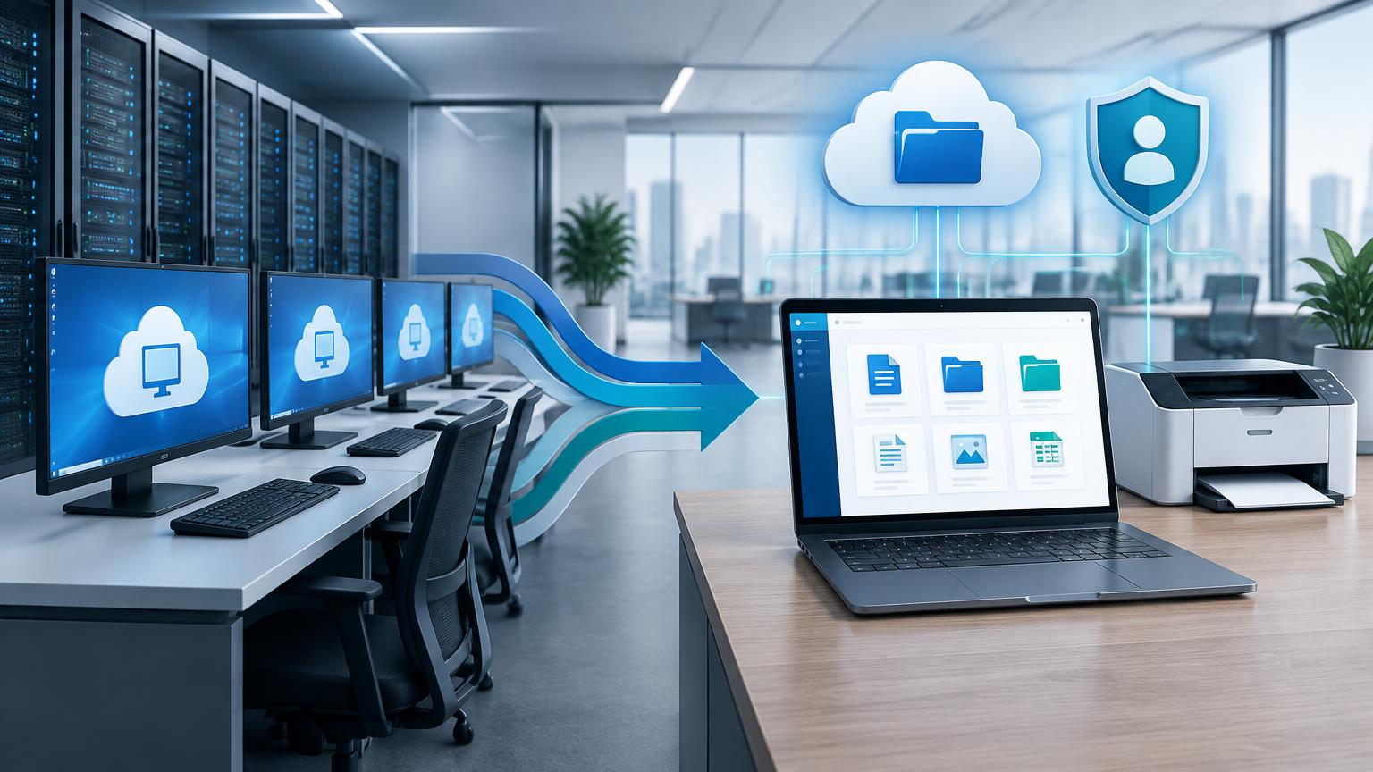 Conceptual illustration of hosted desktops transitioning to a managed business laptop, cloud files, identity controls, and printing