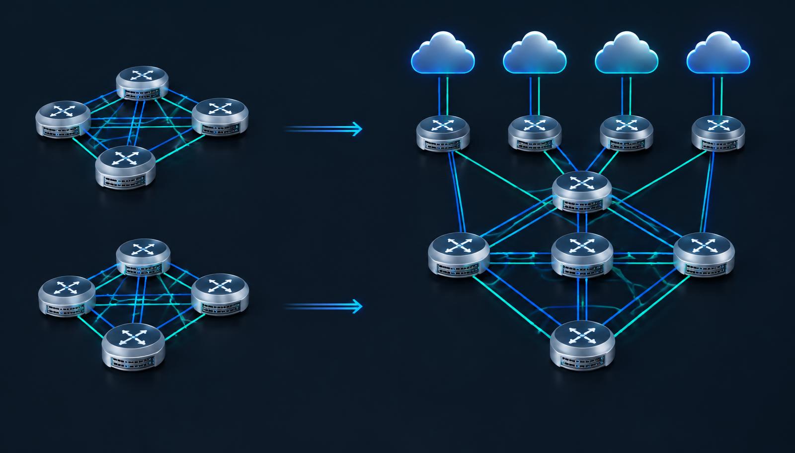 Conceptual diagram showing migration from a legacy autonomous system to a unified BGP routing architecture with multiple upstream carriers