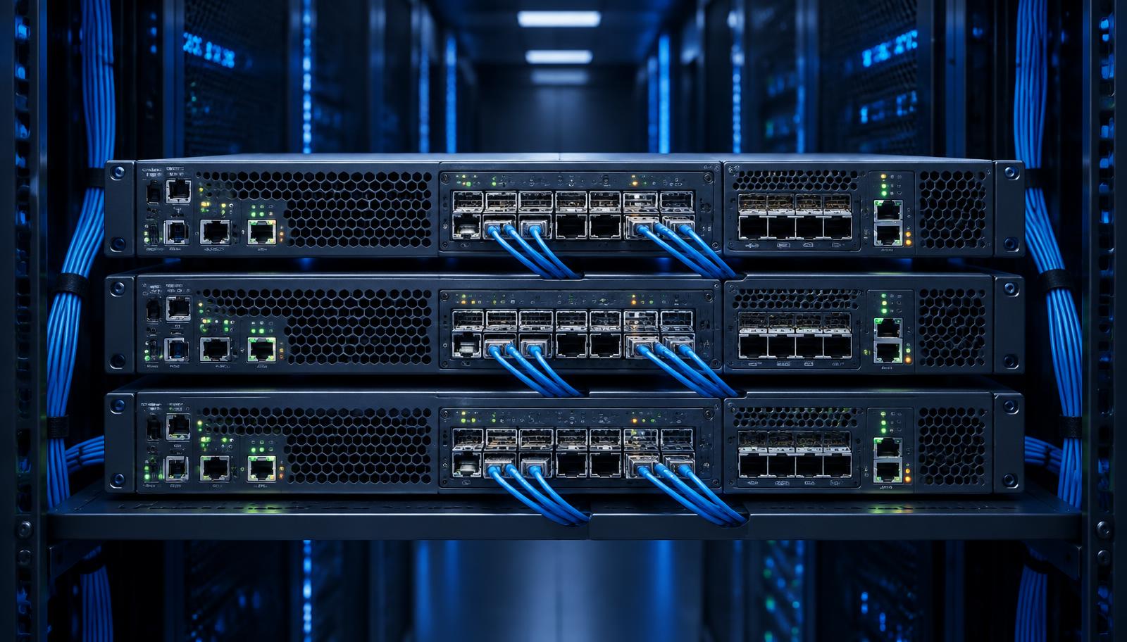 Conceptual illustration of three generic core routers for a routing recovery and VXLAN EVPN modernization case study