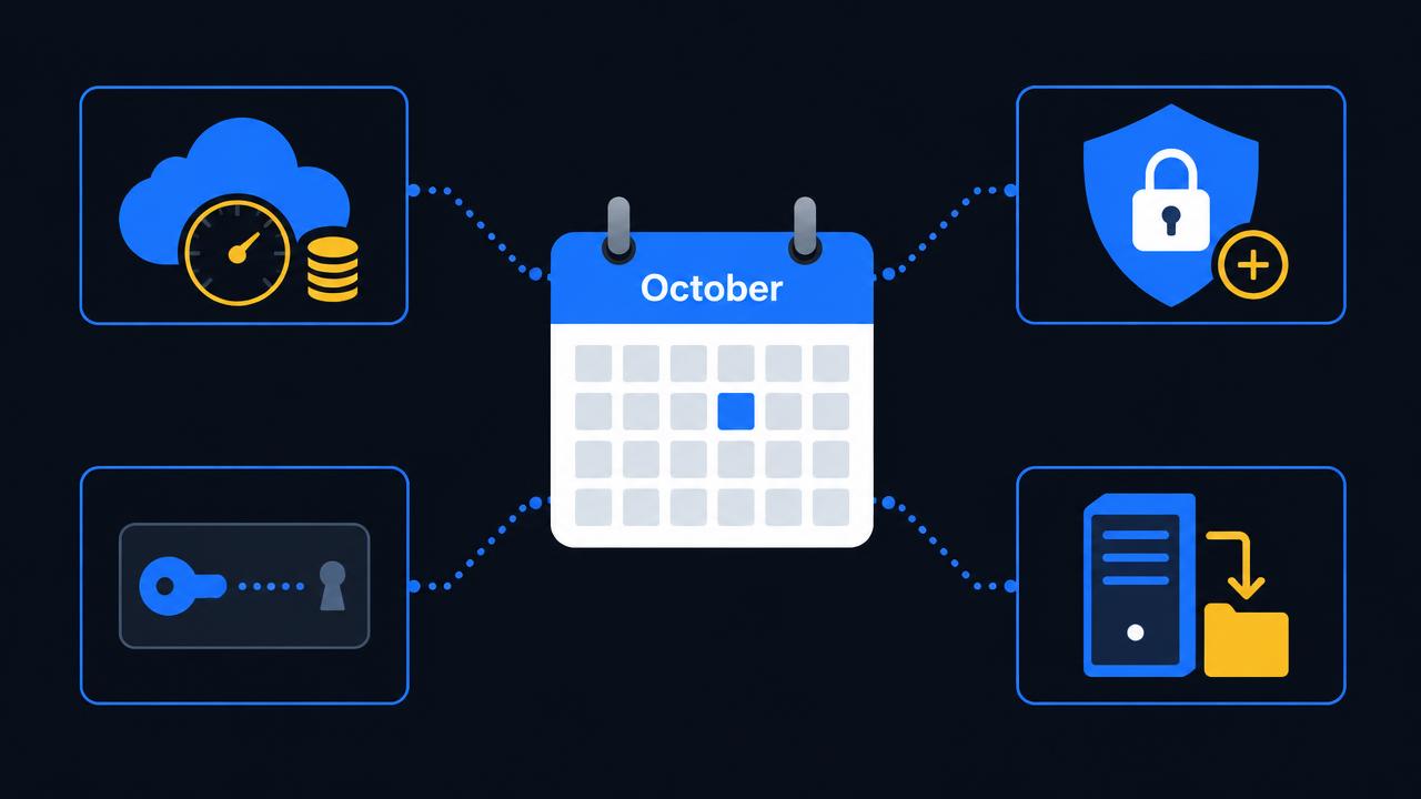 October calendar surrounded by tiles for cloud billing, security, AI, and license keys