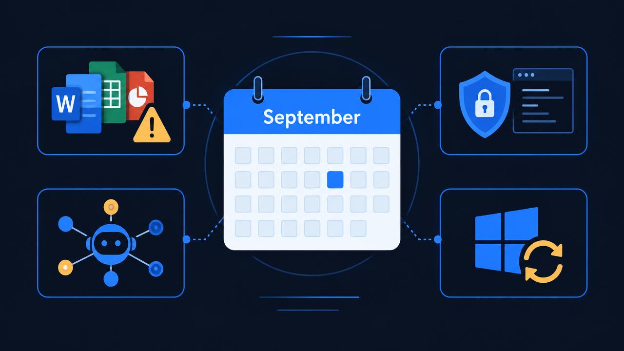 September calendar surrounded by tiles for office software support ending, a security console, AI agents, and Windows updates